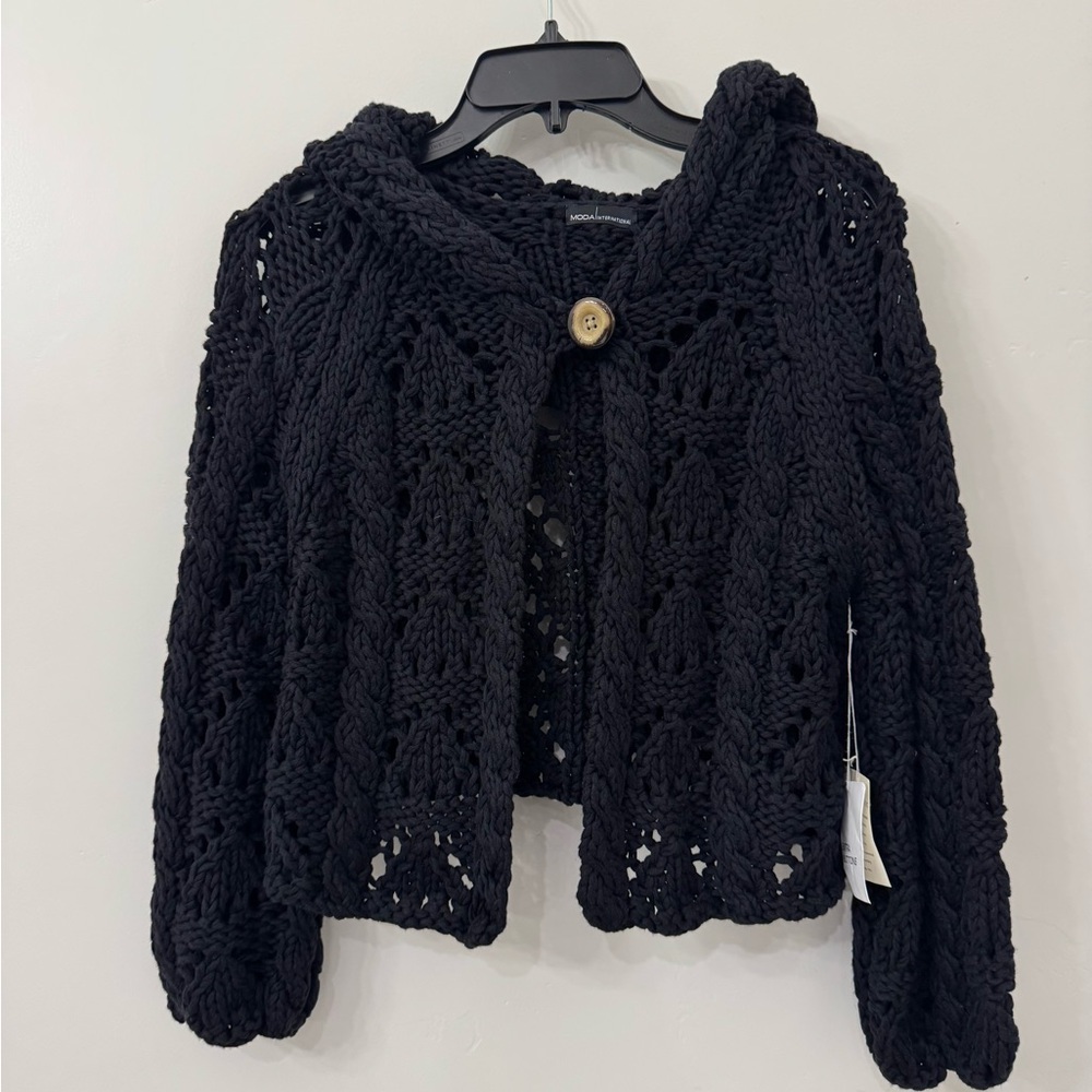 Moda International Black Chunky Open Knit Hooded Cardigan